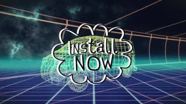 Kurulumun animasyonu şimdi dijital minibüs üzerinden metin ve siyah arkaplan üzerindeki satırlar üzerinden yapılıyor. Ulaşım, teknoloji ve dijital arayüz kavramı dijital olarak oluşturulmuş video.