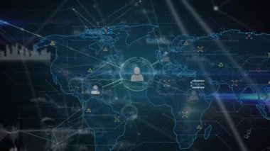 Mavi arkaplan ile dünya haritasında bağlantı ve veri işleme ağının animasyonu. Küresel ağ ve iş teknolojisi kavramı