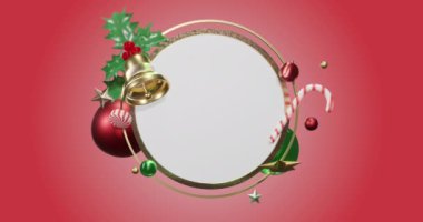 Fotokopi alanı ve kırmızı arka planda noel süslemesi olan daire çerçevesinin animasyonu. Noel, şenlik, gelenek ve kutlama konsepti dijital olarak oluşturuldu.