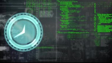 Gri arkaplana karşı veri işleme arayüzü üzerinde neon saatin animasyonu. Bilgisayar arayüzü ve iş teknolojisi kavramı