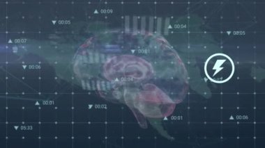 Finansal grafiklerin ve beyin üzerindeki verilerin animasyonu. Finans, ekonomi, veri işleme, iş ve teknoloji konsepti dijital olarak oluşturulmuş video.