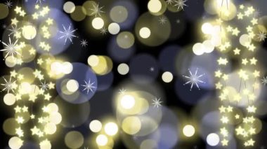 Yılbaşı ışıklarının üzerine düşen kar animasyonu. Noel, kutlama ve dijital arayüz kavramı dijital olarak oluşturulmuş video.
