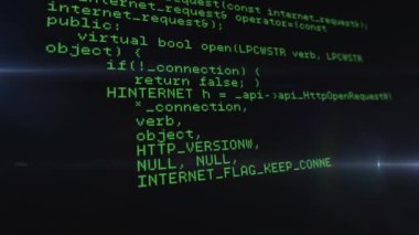 Siyah arkaplanda parlayan ışıkların üzerinde veri işleme animasyonu. Dijital olarak oluşturulmuş küresel bilgisayar ve veri işleme kavramı.