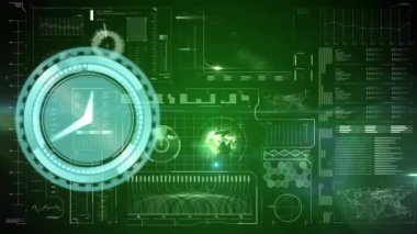 Yeşil arkaplana karşı veri işleme arayüzü üzerinde neon tik saatin animasyonu. Bilgisayar arayüzü ve iş teknolojisi kavramı