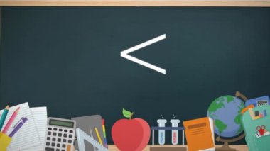 Okul simgelerinin üzerindeki matematik sembollerinin animasyonu. Küresel eğitim ve dijital arayüz kavramı dijital olarak oluşturulmuş video.