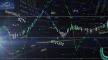 Siyah arka planda finansal veri işleme animasyonu. Küresel teknoloji, bilgisayar ve dijital arayüz kavramı dijital olarak oluşturulmuş video.