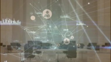 Ofis üzerinden bağlantı ağının animasyonu. Küresel iş ve dijital arayüz kavramı dijital olarak oluşturulmuş video.