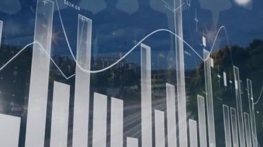 Şehir görüşü üzerinde açık gökyüzü ile birden fazla grafik ve insan gölgesi canlandırması. Dijital bileşik, çoklu pozlama, rapor, finans, ticaret, veri ve teknoloji kavramı.
