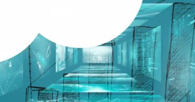 Mavi arka plandaki veri işleme üzerinde şekillerin ve grafiklerin animasyonu. Küresel teknoloji ve dijital arayüz konsepti dijital olarak oluşturulmuş video.