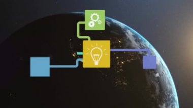 Dünyanın dört bir yanındaki medya simgelerinin canlandırılması. Küresel iş ve dijital arayüz kavramı dijital olarak oluşturulmuş video.