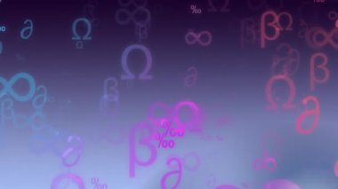Mor arkaplandaki ışık noktalarının üzerinde matematiksel sembollerin animasyonu. Soyut arkaplan, şablon ve hareket kavramı dijital olarak oluşturuldu.