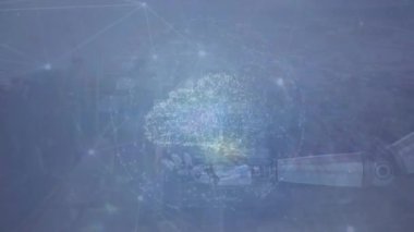 Şehir manzarası üzerinde robot el ve asma kilit ikonu ile bağlantı ağının animasyonu. Dijital olarak oluşturulmuş küresel bağlantılar, teknoloji ve dijital arayüz kavramı.