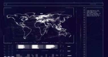 Kara zemin üzerinde dünya haritasıyla veri işleme animasyonu. Küresel iş, bilgisayar ve dijital arayüz kavramı dijital olarak oluşturulmuş video.