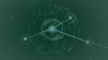 Çok renkli şekillerin animasyonu. Noktalar küre ve noktalar oluşturarak çizgilerle birleşiyor. Dijital olarak üretilen hologram, küreselleşme, çember, kareler, illüstrasyon, iletişim ve teknoloji.