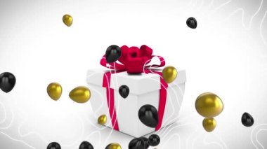 Beyaz arka planda konfeti olan balon animasyonu. Kara Cuma, alışveriş ve perakende konsepti dijital olarak oluşturulmuş video.