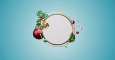 Fotokopi alanı ve mavi arka planda noel süslemesi olan daire çerçevesinin animasyonu. Noel, şenlik, gelenek ve kutlama konsepti dijital olarak oluşturuldu.