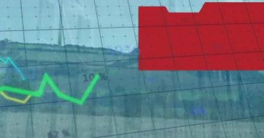 Rüzgar türbini üzerinde finansal veri işleme animasyonu. Küresel ekoloji, finans ve dijital arayüz kavramı dijital olarak oluşturulmuş video.