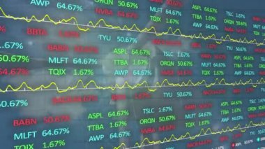 Rüzgar türbini ve bulutlar üzerindeki finansal verilerin animasyonu. Çevreci enerji, eko güç, ekonomi ve finans kavramı dijital olarak oluşturulmuş video.