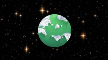 Uzayda çok renkli teknik, küre ve ışık saçan yıldızların animasyonu. Dijital olarak üretilmiş, hologram, küreselleşme, astronomi, televizyon, dünya ve teknoloji kavramı.