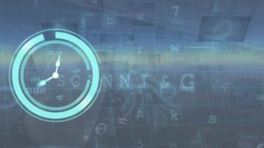 Gri arka planda neon saat ve siber güvenlik veri işleme animasyonları. Bilgisayar arayüzü ve iş teknolojisi kavramı