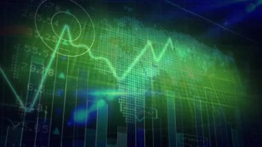 Yeşil arka planda dünya haritası ve veri işleme animasyonu. Küresel teknoloji, bilgisayar ve dijital arayüz kavramı dijital olarak oluşturulmuş video.