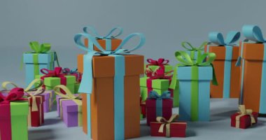 Gri arka planda kurdeleli çok renkli noel hediyelerinin videosu. Noel, şenlik, gelenek ve kutlama kavramı.