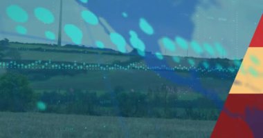 Rüzgar türbini üzerinde finansal veri işleme animasyonu. Küresel ekoloji, finans ve dijital arayüz kavramı dijital olarak oluşturulmuş video.