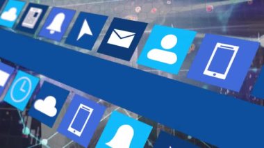 Bağlantılar ve grafikler ağı üzerinden teknik simgelerle karelerin animasyonu. Küresel ağ, bağlantılar, veri işleme, dijital arayüz ve teknoloji konsepti dijital olarak oluşturulmuş video.