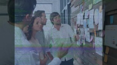 Animation of interference over diverse business people at office. Global business, computing and digital interface concept digitally generated video.