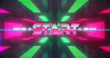 Neon ışıklar ve şekillerle dijital ortamda yeniden başlamanın animasyonu. Video oyunları, iletişim, dijital alan ve teknoloji konsepti dijital olarak oluşturuldu.