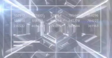 Dijital insan animasyonu, rakamlar ve ses çubukları altıgen desenli döngü tüneli üzerinde. Dijital olarak üretilmiş, hologram, anatomi, rakamlar, finans, yapay zeka ve teknoloji konsepti.