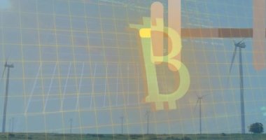 Rüzgar türbini üzerinde finansal veri işleme ve bitcoin sembolünün animasyonu. Küresel ekoloji, finans ve dijital arayüz kavramı dijital olarak oluşturulmuş video.