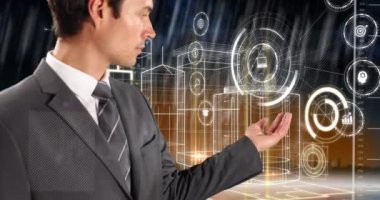 Kafkas iş adamının değişik veriler ve metaverler kullanarak dokunmatik ekranı kullanmasının animasyonu. Ağ, veri işleme, dijital arayüz ve teknoloji konsepti dijital olarak oluşturulmuş video.