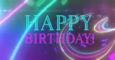 Neon ışıkları ve şekillerle dijital ortamda mutlu yıllar. Doğum günü, parti, kutlama, iletişim ve teknoloji konsepti dijital olarak oluşturulmuş video.