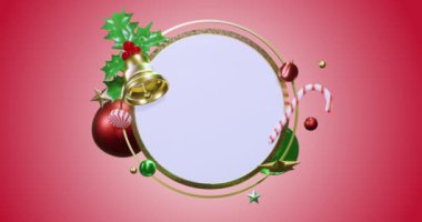 Fotokopi alanı ve kırmızı arka planda noel süslemesi olan daire çerçevesinin animasyonu. Noel, şenlik, gelenek ve kutlama konsepti dijital olarak oluşturuldu.