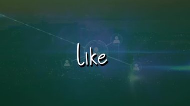 Oklardaki metnin animasyonu, mercek parlaması, çizgilerle bağlantılı profil simgeleri, şehrin zaman atlaması. Dijital bileşik, çoklu pozlama, sosyal medya, araçlar, iletişim ve teknoloji.