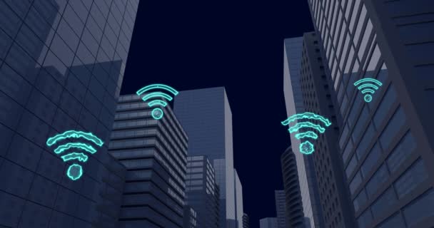 数字无线网络图标飞越城市景观的动画 全球互联网网络 连接和数据处理概念 — 图库视频影像