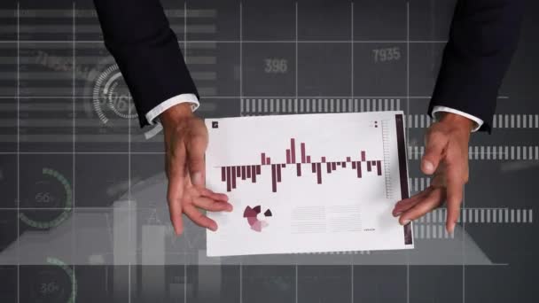 Animação Tela Digital Com Dados Diversos Gráficos Sobre Mão Empresário — Vídeo de Stock