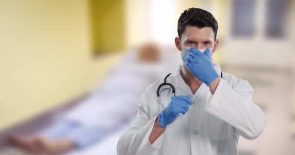 Κινούμενα Σχέδια Καυκάσιου Άνδρα Γιατρού Έναντι Ασθενούς Στο Νοσοκομείο Παγκόσμια — Αρχείο Βίντεο