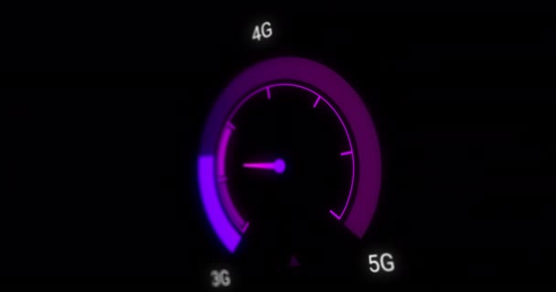 Animatie Van Paarse Snelheidsmeter Zwarte Achtergrond Internet Speed Transfer Communicatie — Stockvideo
