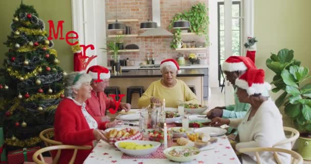 Animatie Van Vrolijk Kerstfeest Gelukkig Diverse Senior Vrienden Santa Hoeden — Stockvideo