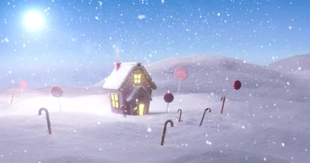 在冬季的风景中 用糖果手杖 棒棒糖 阳光和落雪为圣诞别墅制作动画 圣诞节 传统和庆祝概念数字制作的视频 — 图库视频影像