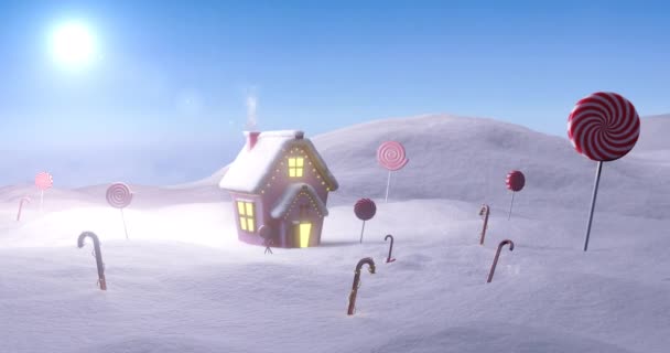 Animace Vánoční Chaty Zimní Krajině Cukrovou Třtinou Lízátkem Sluncem Zimní — Stock video