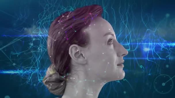 在海军背景上的高加索女性形象 波浪和联系的动画 全球网络 数据处理 数字接口和数字视频技术概念 — 图库视频影像