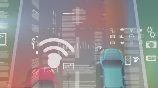 Анимация Обработки Данных Над Автомобилями Уличной Ветряной Турбинах Концепция Глобального — стоковое видео