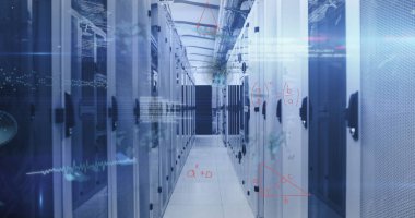 Sunucu odasında veri işleme resmi. küresel iş ve dijital arayüz kavramı dijital olarak oluşturulmuş görüntü.