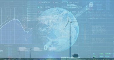 Borsa veri işleme görüntüsü dünya üzerinde ve mavi gökyüzüne karşı dönen yel değirmenleri. Yenilenebilir enerji ve iş teknolojisi kavramı