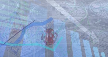 Boş deponun üzerindeki finansal veri işleme ve borsa görüntüsü. Küresel işletme finansmanı ve veri işleme kavramı dijital olarak oluşturulmuş görüntü.