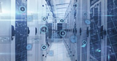 Sunucu odasında veri işleme resmi. küresel iş ve dijital arayüz kavramı dijital olarak oluşturulmuş görüntü.