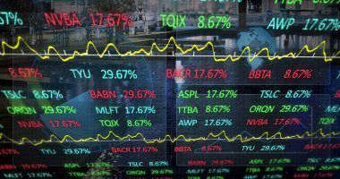 Kapsam taraması ve şehrin borsa görüntüsü. Küresel iş, finans ve dijital arayüz kavramı dijital olarak oluşturulmuş görüntü.